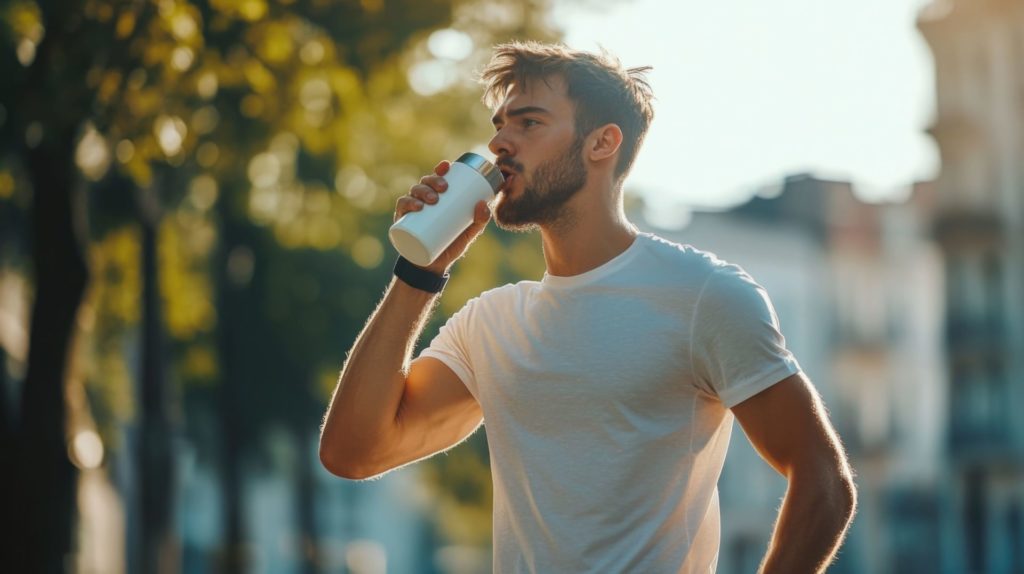 A picture of a man taking a break from a run to rest is hands and wrists